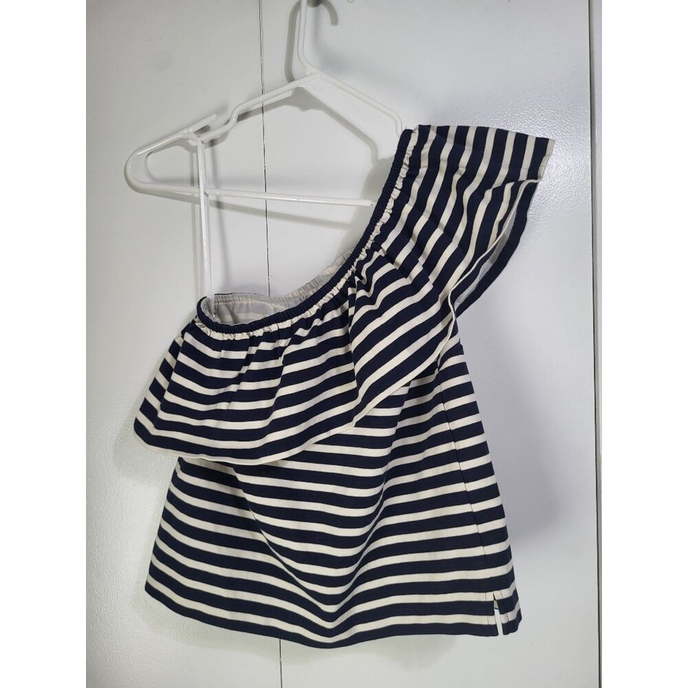 J. Crew One Shoulder Striped Ruffle Top Navy Cream SZ XS Preppy Cotton Classic - Picture 3 of 10